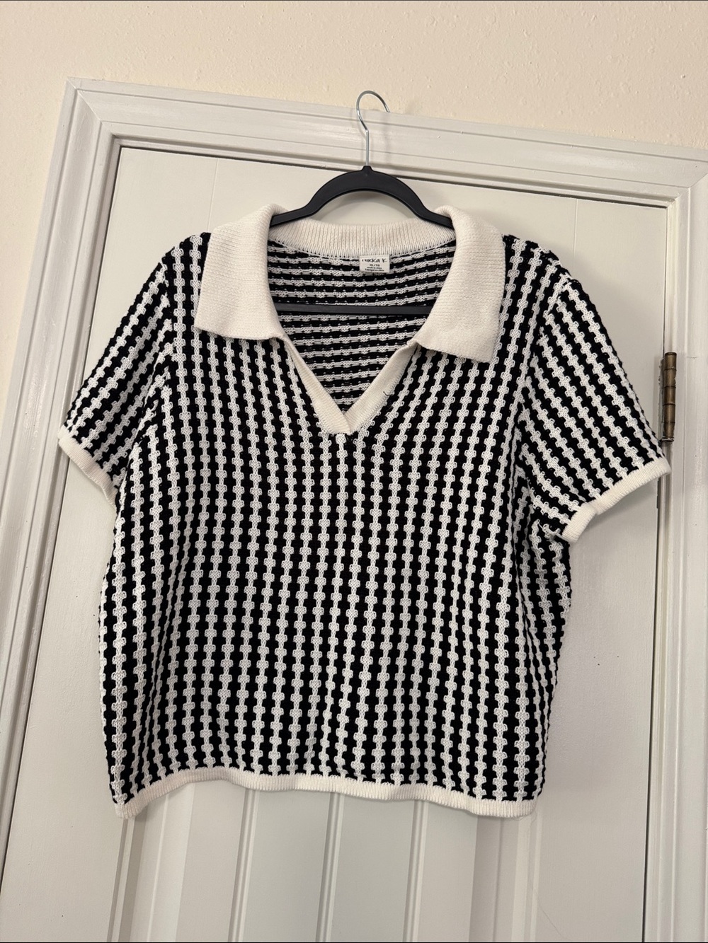 Black & White Knit Polo Top with Open V-Neck